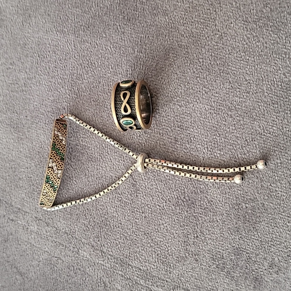 Brass / Green Stone Ring & Bracelet Set